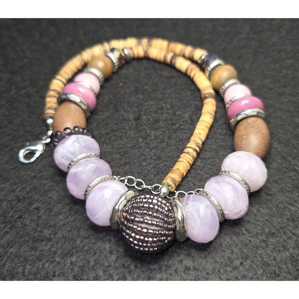 Statement Boho Shades of Lavender Brown Beaded Necklace